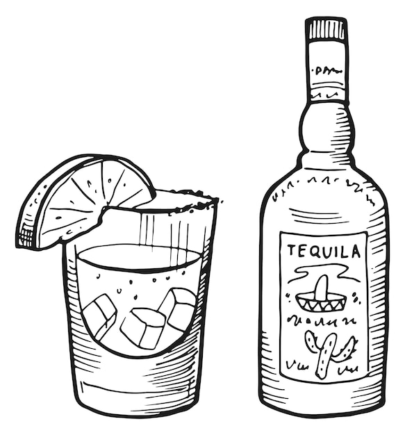 Vector tequila icoon gegraveerde fles en drinkglas mexicaanse alcohol