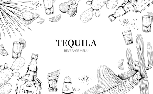 Tequila menu Handgetekend frame van Mexicaanse alcoholdrank in fles en borrelglas met citroen en zout Gravure van cactus- en agaveplanten Traditionele Latijnse castagnetten en sombrero Vectorrandschets
