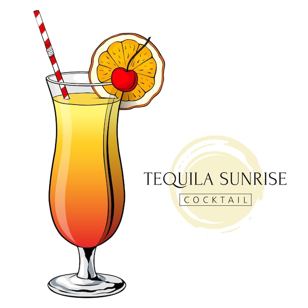 Tequila sunrise cocktail hand drawn alcohol drink with orange slice and cherry