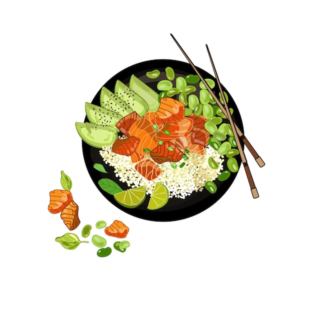 Vector teriyaki salmon with rice and avocado top viewvector illustrationtraditional asian food