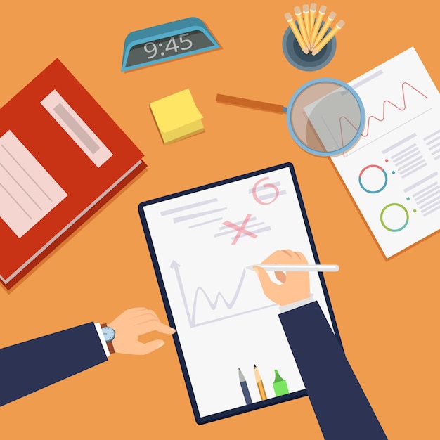 Vector termijnconcept. bureaublad bovenaanzicht. strategieplanning, vector bedrijfsinvesteringsconcept. kantoorwerk zakelijk papierbeheer, illustratie van de deadline op de werkplek