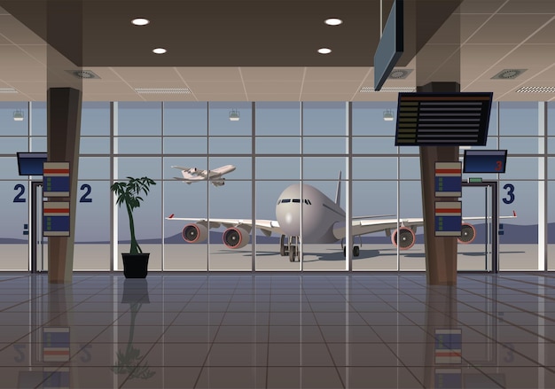 Terminal hall with large windows overlooking the aircraft Vector