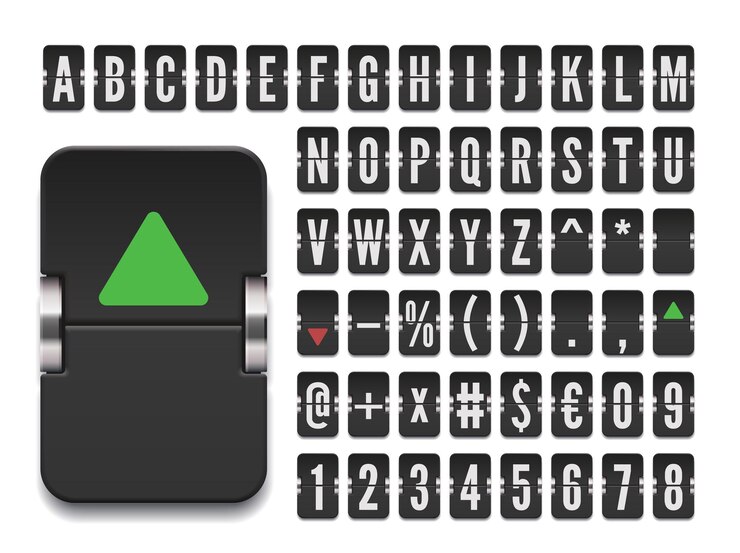 Vector terminal scoreboard font for stock exchange rates info vector illustration black airport flip board mechanical alphabet with numbers and symbols for destination or financial information