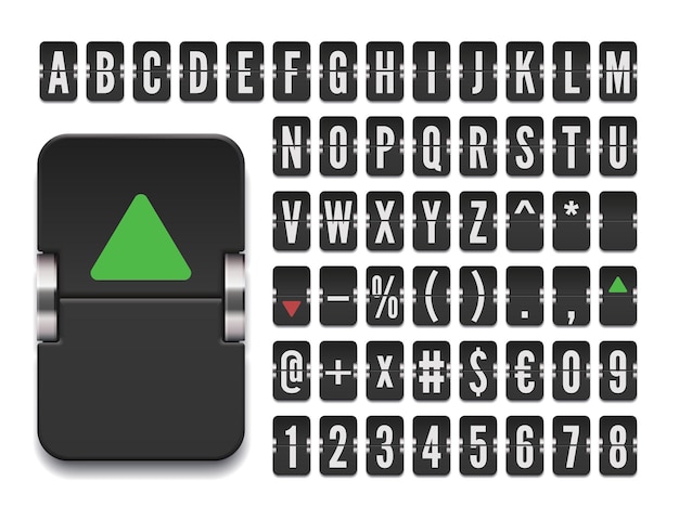 Terminal scorebord lettertype voor beurskoersen info vectorillustratie Zwarte luchthaven flip board mechanisch alfabet met cijfers en symbolen voor bestemming of financiële informatie