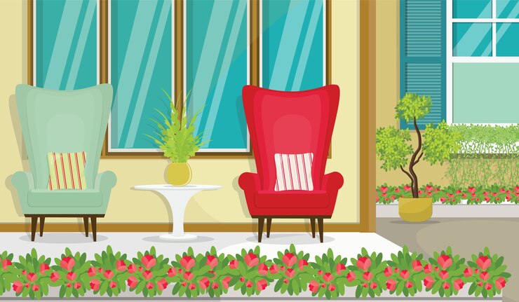 Vector terras uitzicht met bank en bloempot vectorillustratie