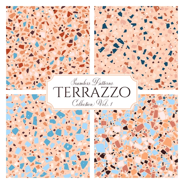 Reticolo senza giunte di struttura del pavimento di piastrelle rotte terrazzo, sfondo astratto vettoriale con pezzi di mosaico caotico, composto da imitazioni di pietra naturale, marmo, vetro e cemento.