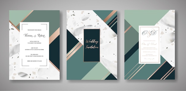 Vector terrazzo bruiloft uitnodigingskaarten set. luxe geometrische abstracte ontwerpsjabloon voor groeten, spandoek, poster met marmeren textuur. bewaar de datum, rsvp. vector illustratie