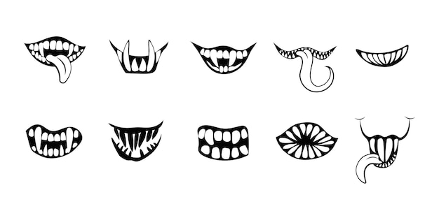 Terrible smiles and grins of monsters set