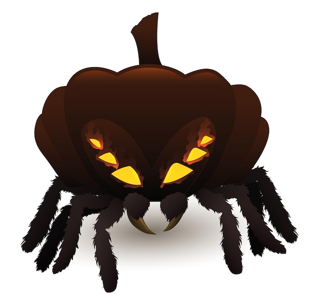 Vector terrifying creature like fusion of hairy spider with a halloween pumpkin of glowing eyes