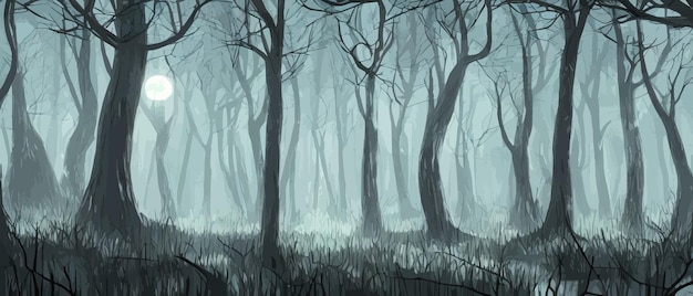 Вектор Ужасный сюрреалистический лес нереальный мир таинственный лес опасность страх беспокойство таинственный лес