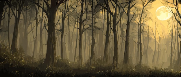 Vector terrifying surreal forest unreal world mysterious forest danger fear anxiety mysterious forest