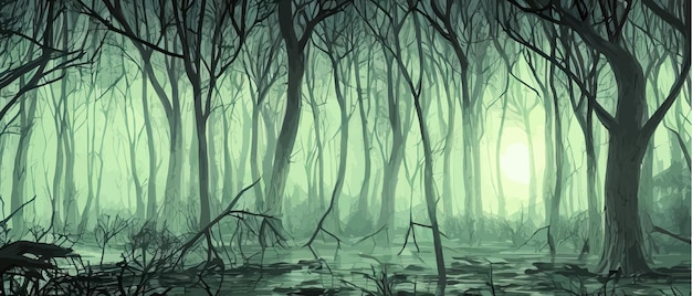 Вектор Ужасный сюрреалистический лес нереальный мир таинственный лес опасность страх беспокойство таинственный лес