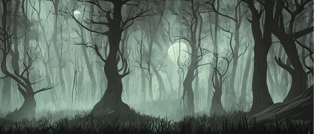 Vector terrifying surreal forest unreal world mysterious forest danger fear anxiety mysterious forest