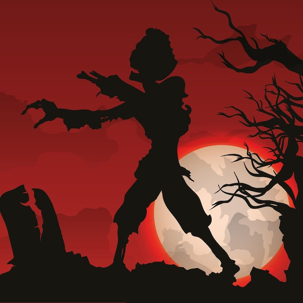 Vector terror scene with rotten zombie rising from its grave on red nigth with full moon