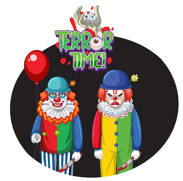 Terror time badge with two creepy clowns