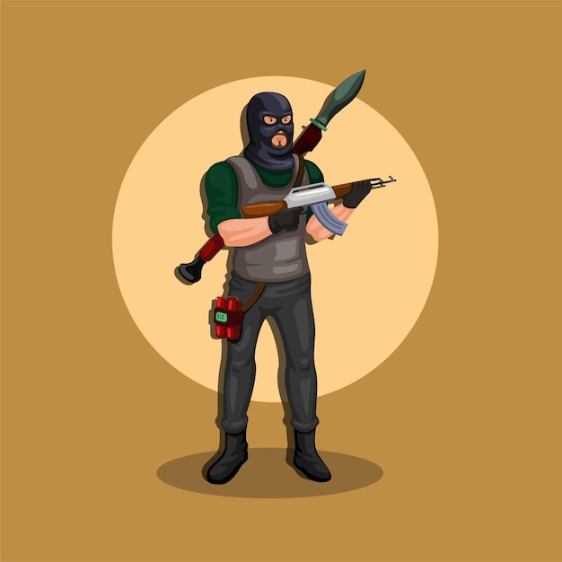 Terroristen dragen masker, volledig bewapend, met wapen, raketwerper en bom