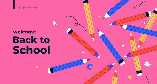 Terug naar school banner Veelkleurige potloden op roze achtergrond Plat ontwerp voor kortingsetiketten, flyers en winkelen
