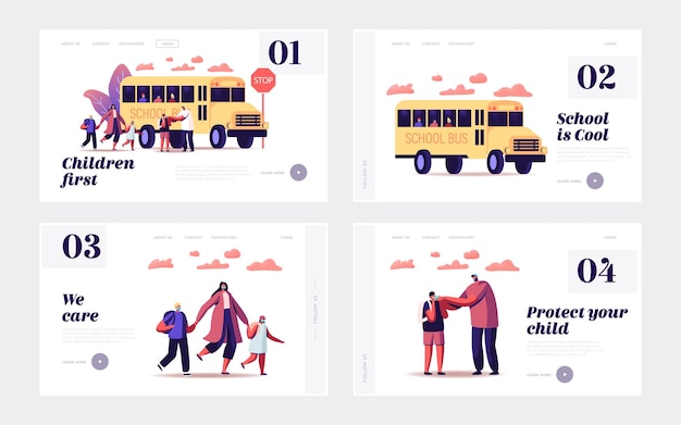 Terug naar school bij Coronavirus Pandemic Landing Page Template Set. Karakters van ouders sturen kinderen naar schoolbus, leerlingen met maskers stappen in transport. Cartoon mensen vectorillustratie