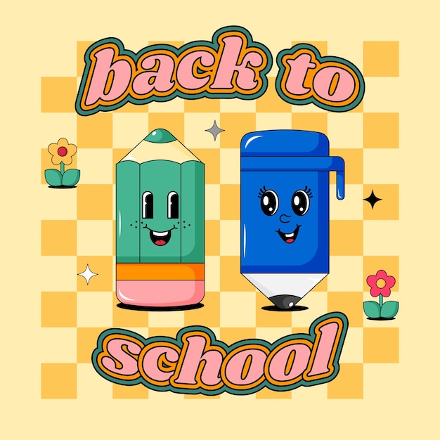 Vector terug naar school cartoon personages pen en potlood in retro groovy 70s stijl psychedelische collectie van hippie ontwerp elementen posters voor school en onderwijs hedendaagse illustratie