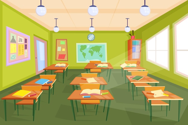 Vector terug naar school conceptposter leeg klaslokaalinterieur op basis- of middelbare school niemand aan bureautafels op les wereldkaart aan de muur de klok laat zien dat het tijd is voor les vector illustratie