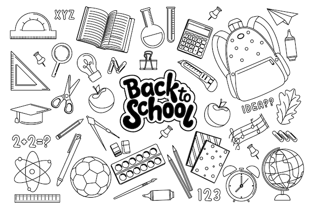 Terug naar school contour elementen clipart set School tekening silhouet items clip art educatief
