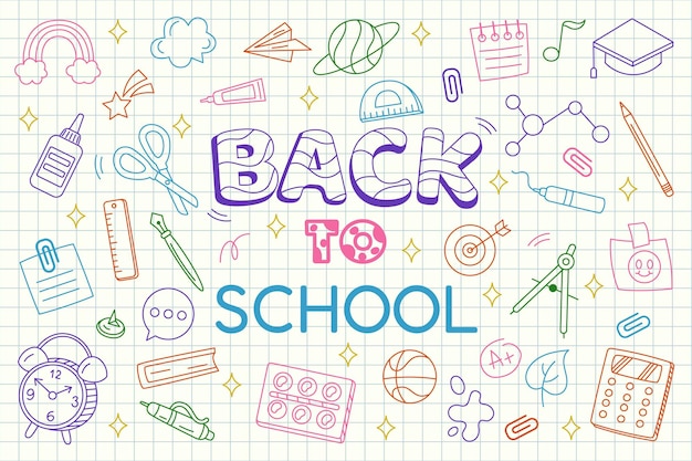 Terug naar school Doodle tekeningen op notitieboek papier Boek patroon Studenten schrijfgereedschap Lijn schets textuur College onderwijs Kinderen studeren nette iconen Vector creatieve achtergrond
