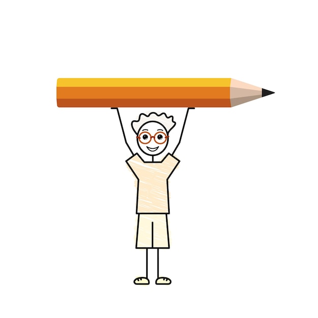 Terug naar school eenvoudige schets tekening clipart gelukkige student kerel met een grote oranje potlood overhead kleurrijke doodle vector illustratie artistieke persoonlijkheid