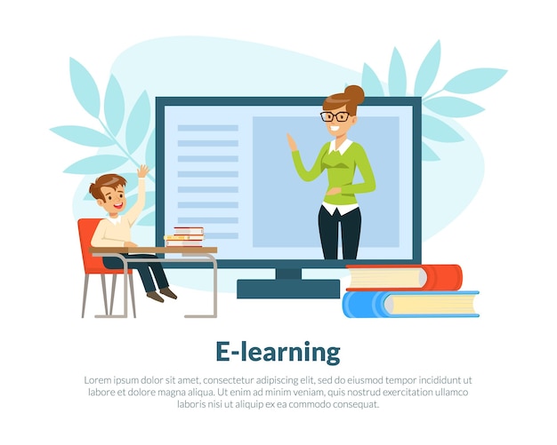 Terug naar school en e-learning met computerinterface en jongen die aan het bureau zit Vector Template