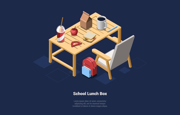 Terug naar school en lunchbox concept smakelijke snack op het bureau in klas sandwich koffie appel fruit en groenten voor kinderen diner lunch drankjes en voedsel isometrische 3d vectorillustratie