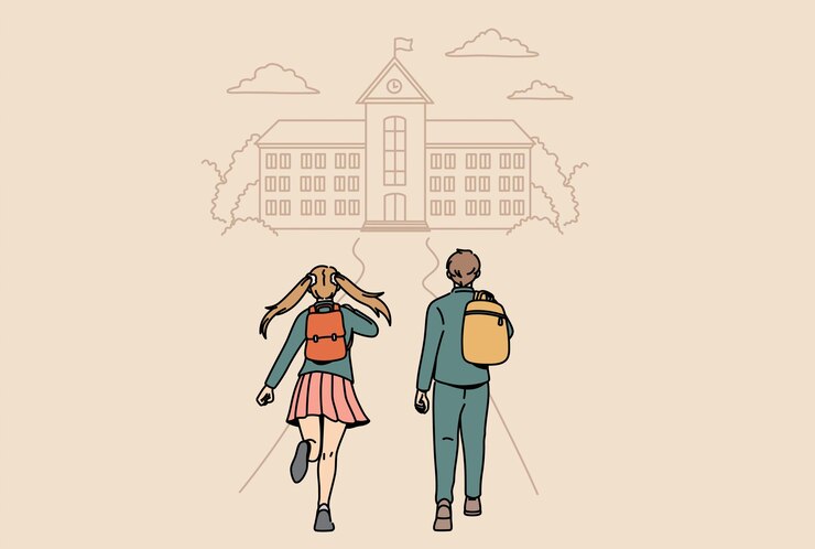 Vector terug naar school en onderwijsconcept. kleine jongen en meisje die achteruit naar school rennen en zich positief en gelukkig voelen vectorillustratie