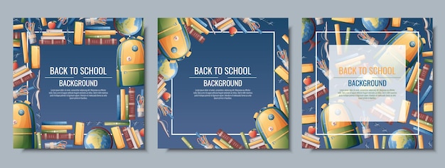 Terug naar school frame ontwerp Set ansichtkaart sjablonen met rugzak boeken wereldbol School Kennis onderwijs Achtergrond met schoolbenodigdheden