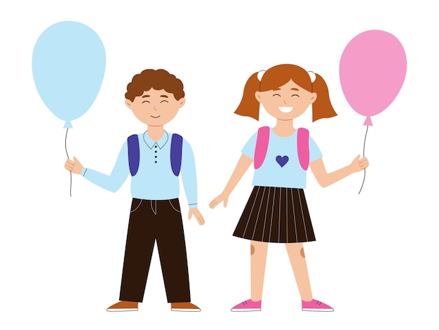 Terug naar school gelukkige jongen en meisje met een rugzak en een ballon in een schooluniform vectorillustratie op een witte achtergrond