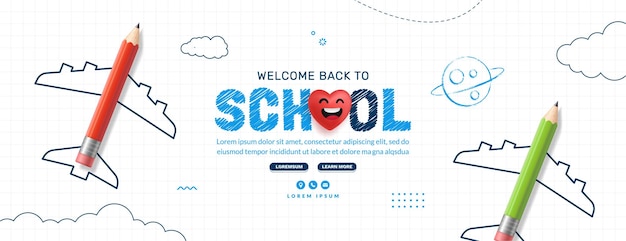 Terug naar school horizontale banner met kleurpotloodvlak, online cursussen leren en tutorials