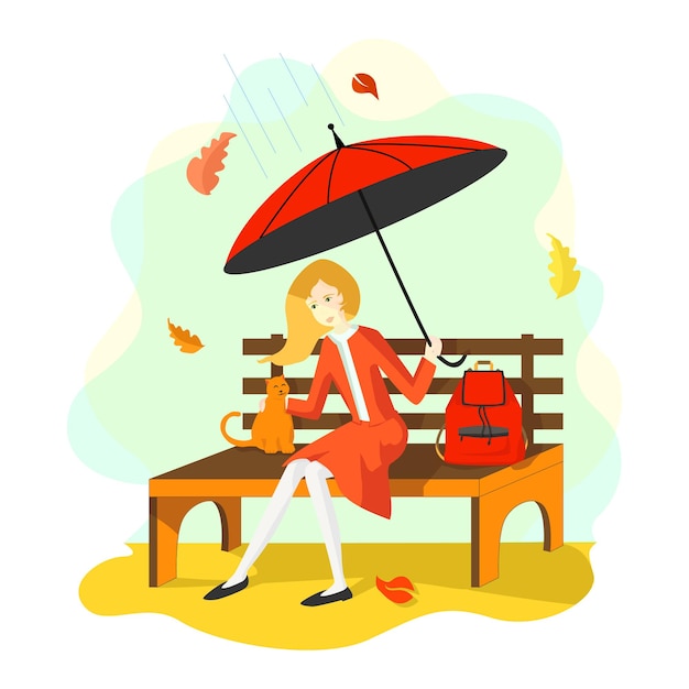 Terug naar school In de herfst zit een schoolmeisje in een schooluniform op een bankje met een paraplu die een kat aait In de buurt is een schoolrugzak Vectorillustratie van een Eps10