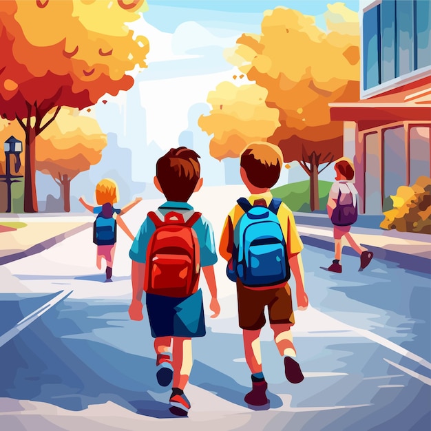 Terug naar school lopen schoolkinderen met rugzakken langs de weg vectorillustratie