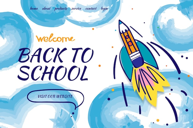 Terug naar school met doodle raket en aquarel wolken achtergrond vector illustratie voor banners uitnodiging poster en website