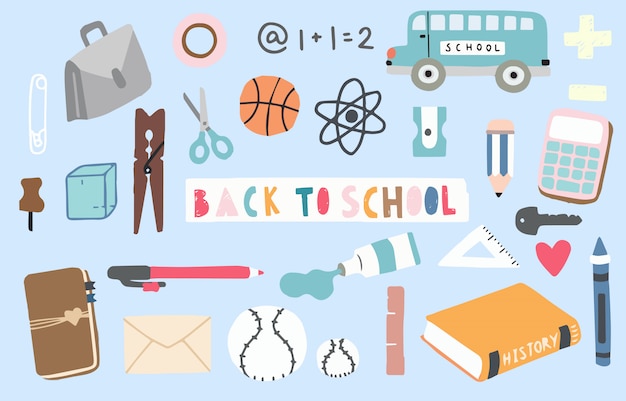 Terug naar school-object met potlood, bus, boek, pen, bal, puntenslijper. Bewerkbaar element
