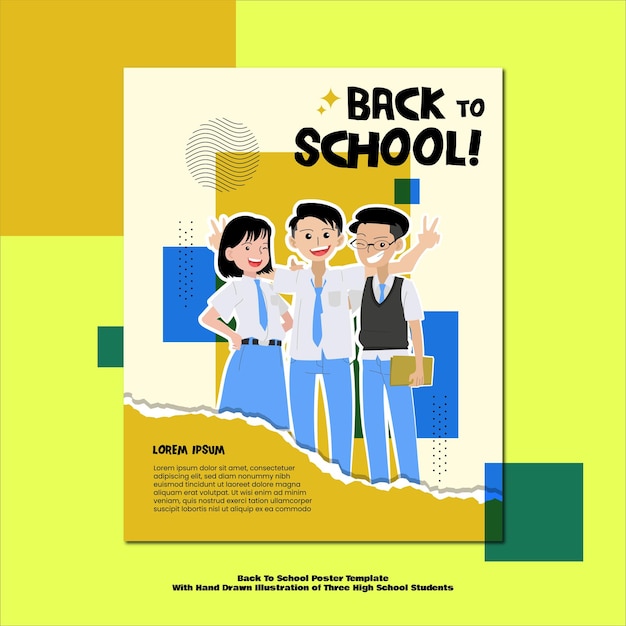 Vector terug naar school poster sjabloon met drie middelbare scholieren in het midden