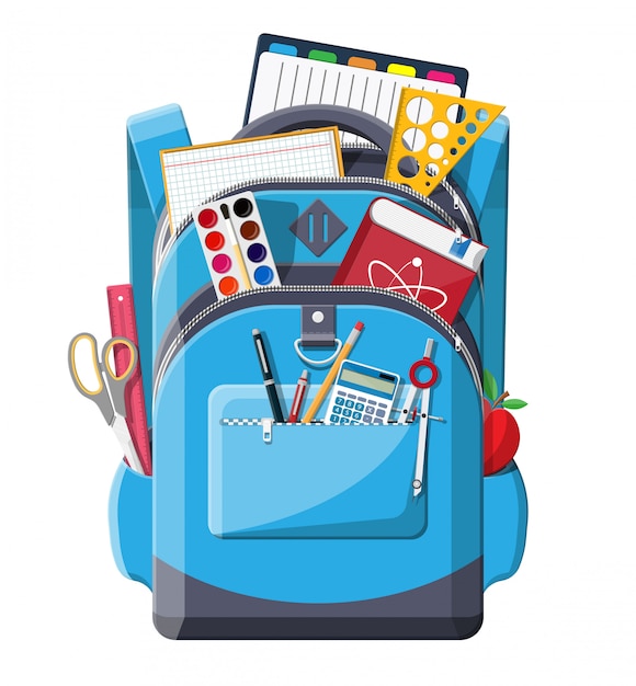 Terug naar school. Schoolbenodigdheden in rugzak.