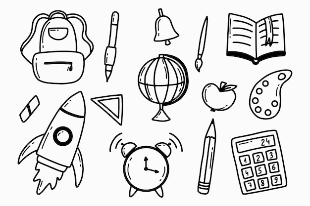 Terug naar school set Doodle stijl School elementen set Globe rugzak pen rekenmachine wekker potlood Vector illustratie