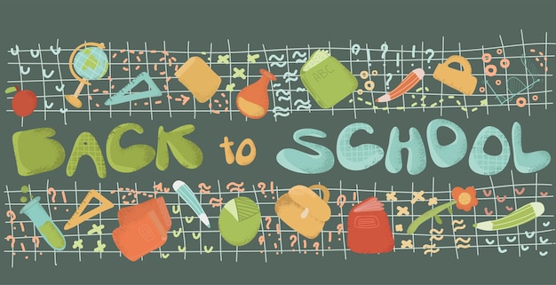 Terug naar school tekst belettering met school objectl Lange banner banner met school dingen van onderwijs Vector hand getrokken doodle illustratie Terug naar school naadloze banner