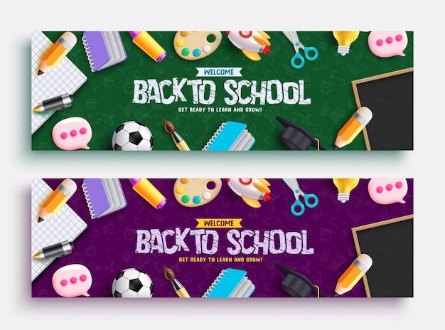 Vector terug naar school vector banner decorontwerp terug naar school groet tekst met educatieve benodigdheden voor kinderen