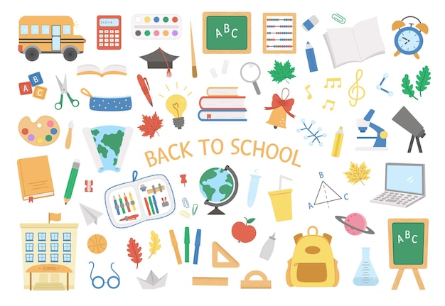 terug naar school vector set elementen grote educatieve clipart collectie klas objecten