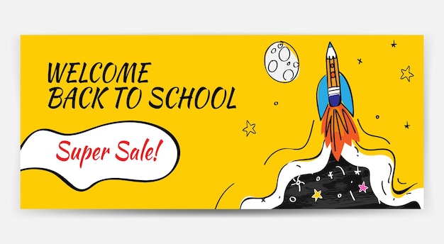 Terug naar school verkoop met raket en doodles horizontale achtergrond vectorillustratie