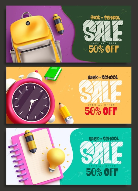 Terug naar school verkoop vector banner set ontwerp Terug naar School speciale aanbieding tekst met schooltas