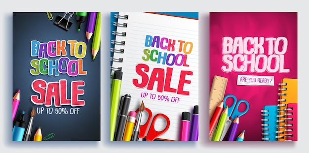 Terug naar school verkoop vector poster ontwerpset met kleurrijke schoolbenodigdheden educatieve artikelen