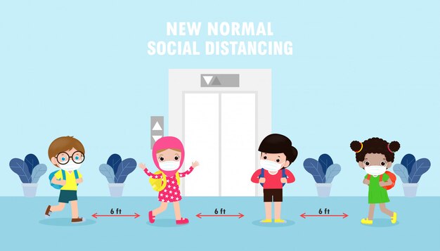 Terug naar school voor een nieuw normaal levensstijlconcept. Groep kinderen houden sociale afstand tijdens het wachten op een lift.