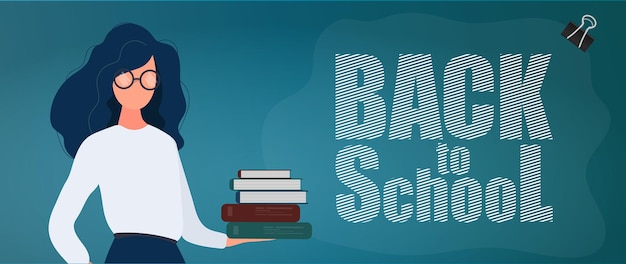 Terug naar schoolbanner. een meisje met een bril houdt een stapel boeken vast. briefpapier, leren schede, pennen, potloden, viltstiften, linialen. concept voor de start van het schoolseizoen. vector.