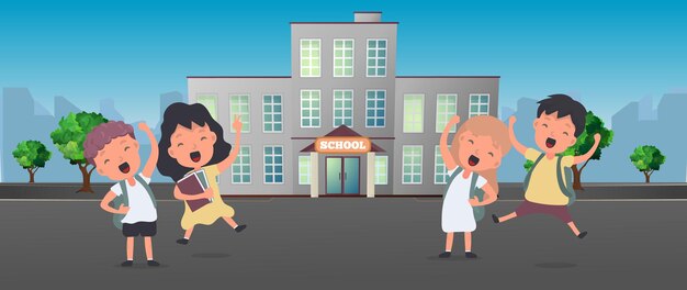 Terug naar schoolbanner. kinderen genieten aan het begin van het schooljaar. tevreden schoolkinderen. vector.