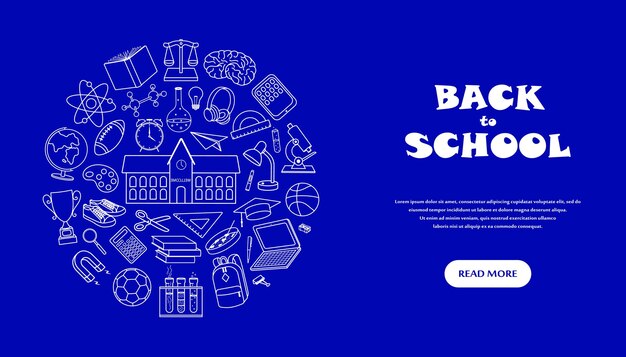 Terug naar schoolbanner met handgetekende schoolbenodigdheden rond concept